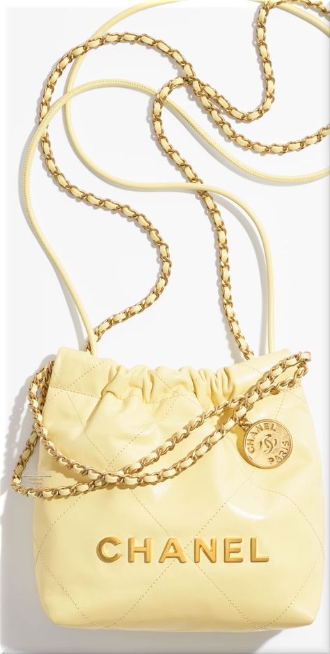 ♦Chanel light yellow 22 shiny calfskin mini bag #chanel #bags #yellow #brilliantluxury Chanel Yellow Bag, Chanel Mini Bag, Chanel Yellow, Bag Chanel, Chanel Mini, French Designer, Matching Jewelry, Chanel Paris, Chanel Bags