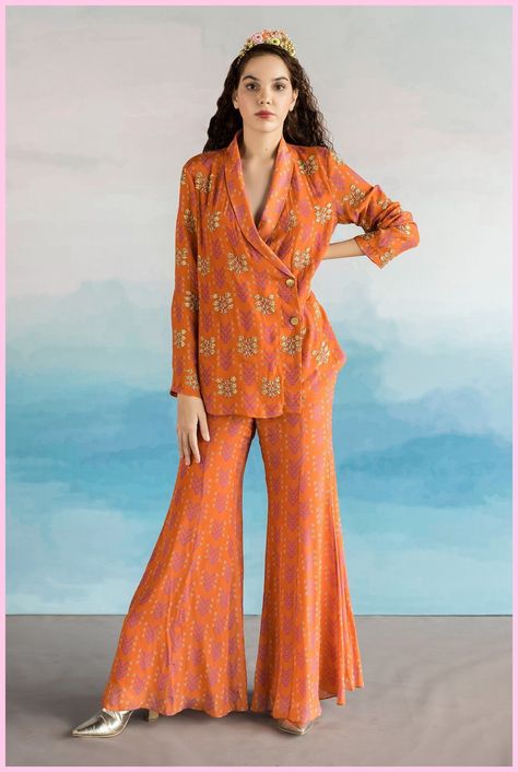 [CommissionsEarned] Shop For Ease Orange Pure Crepe Overlap Jacket And Pant Set For Women Online At Aza Fashions #workjacketswomenindian Cod Sets Women New Design, Cod Sets Women Indian, Cod Set Designs, Cod Sets Women, Crepe Outfit, Cod Set, Coordinate Sets, Co Ords Outfits, Flare Pant