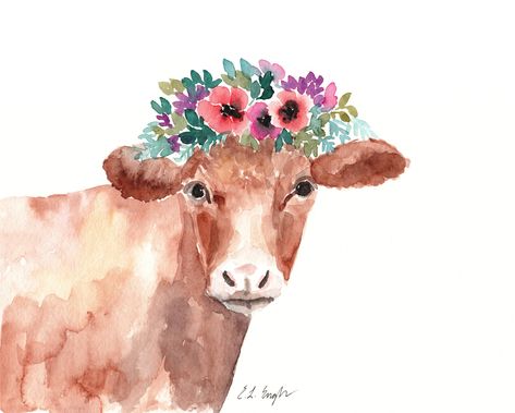 Goddess Ghee. Cow. Flower crown. Cow illustration. Logo. Cow With Flowers, Cow Paintings, Cow Art Print, Brown Cow, Animal Illustrations, Cow Painting, Farmhouse Art, Art Animals, Cow Art