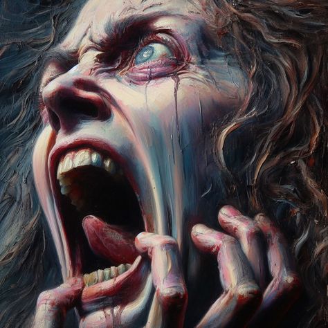 Capturing the raw emotion of a woman screaming into the wind in the style of an oil painting. This powerful artwork conveys a sense of liberation and untamed passion, inviting viewers to feel the intensity of the moment. Screaming Face Painting, Screaming Face, Woman Screaming, Powerful Artwork, Raw Emotion, Woman Face, Face Painting, Scream, The Wind