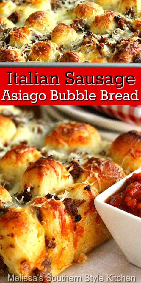 Bubble Bread Recipe Pull Apart, Rhodes Bread Dough, Sausage Appetizers, Bubble Bread, Bread Pull Apart Recipes, Sister Trip, Sausage Bread, Asiago, Football Food