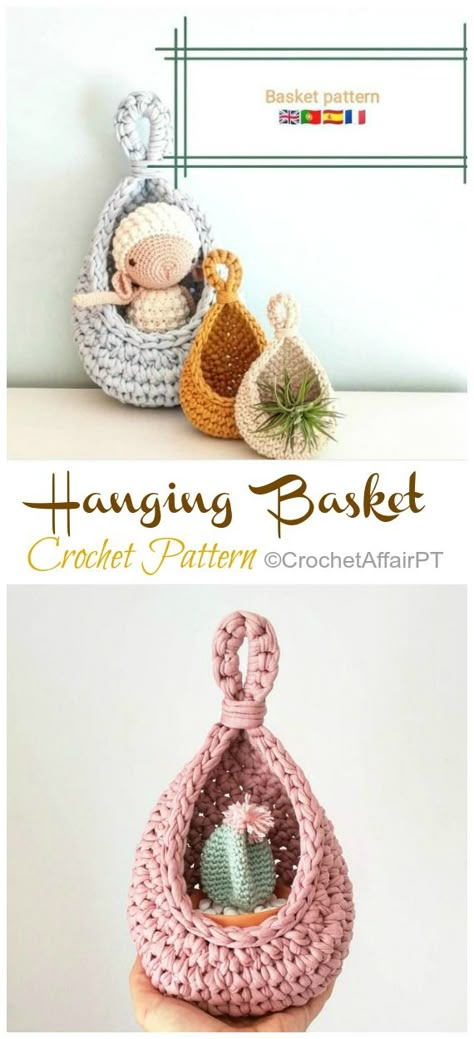 Hanging Sack Basket Crochet Free Pattern - Crochet & Knitting Diy Crochet Basket, Crocheted Baskets, Modern Haken, Crochet Plant Hanger, Crochet Basket Pattern Free, Crochet Storage Baskets, Basket Crochet, Crochet Storage, Crochet Plant