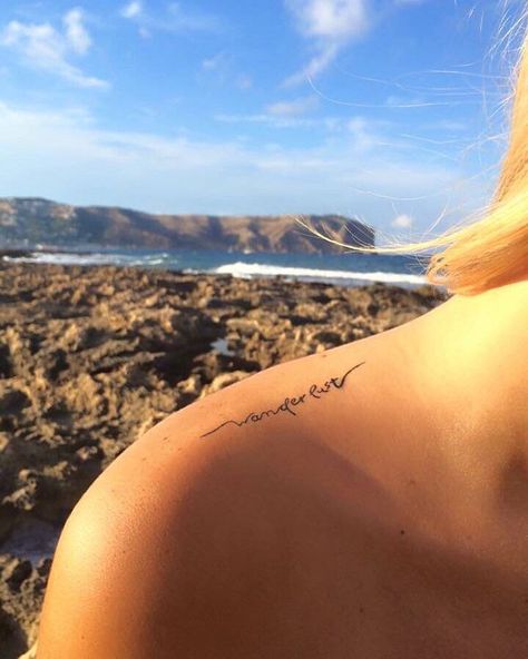 Wanderlust Font, Top Of Shoulder Tattoo, Word English, Fonts Ideas, Wanderlust Tattoo, Good Tattoo Quotes, Small Tattoos With Meaning, Temporary Tattoo Designs, Elephant Tattoos