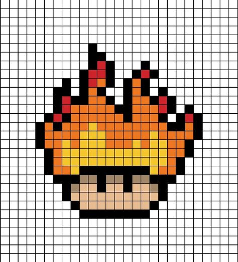 A pixel art template of a Mario mushroom themed as fire. Mario Mushroom Pixel Art, Pixel Art Mario Bros, Pixel Art Grid Easy, Pixel Art Mushroom, Pixel Fire, Mushroom Pixel Art, Minecraft Pixel Art Templates, Pixel Art Mario, Mushroom Pixel