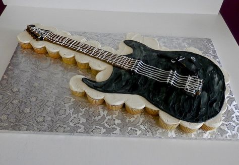 #Cupcake #guitar by Sweet Treets Bakery! Rock Band Cake, Cupcake Guitar, Guitar Cupcake Cake, Guitar Cupcakes, Rock Star Cakes, Tyler Birthday, Guitar Birthday Cakes, Guitar Birthday, Rockstar Birthday