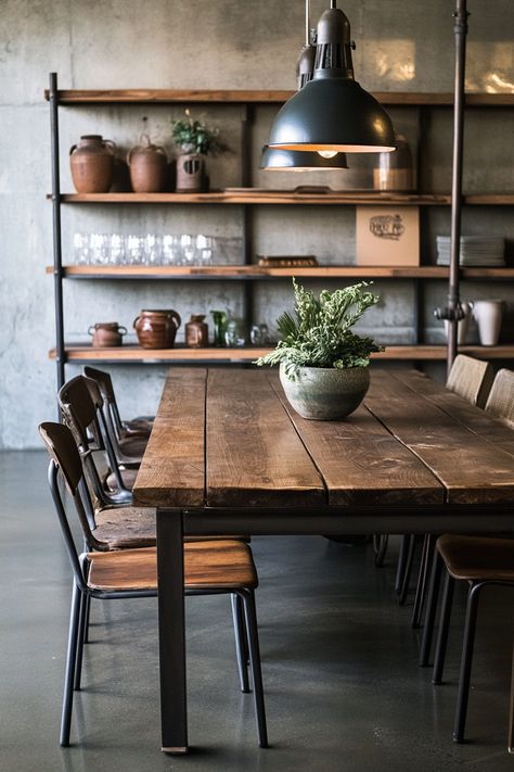 ♥ Are you looking to add a touch of industrial charm to your dining room? Explore this stunning industrial dining room with modern decor elements and industrial shelving. Perfect for lovers of industrial interior design and vintage industrial decor. ✨🏢🍽 #IndustrialDiningRoom #IndustrialDecor #Vintage #IndustrialDesign Industrial Kitchen Table And Chairs, Rustic Modern Dining Room Ideas, Modern Industrial Dining Room, Industrial Dining Room, Stuck In The Past, Brick Backdrops, Dining Room Industrial, Modern Industrial Decor, Cozy Breakfast