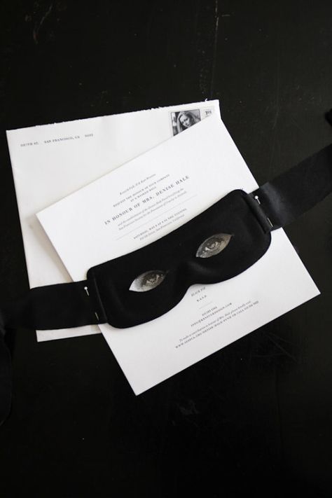 Invitation to Ken Fulk's grand San Francisco madcap black tie party for Dame Denise Hale, printed by Studio Z Mendocino. Square letterpress invitation with attached mask. Nye 2023, Mask Invitations, Masquerade Party Invitations, Ken Fulk, Gala Invitation, Vampire Masquerade, Claim To Fame, Hotel Inspiration, Black Tie Party