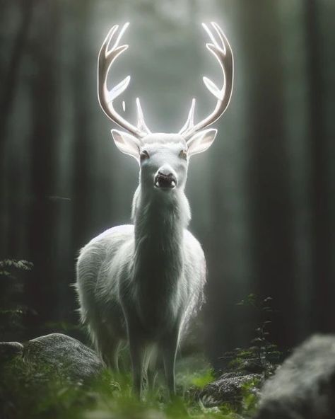 White Stag Art, Nordic Animals, Souls Trilogy, Creative Writing Classes, White Reindeer, Sacred Mountain, Stag Deer, White Deer, Cute Fantasy Creatures