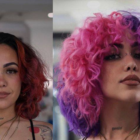 Alejandro lopez on Instagram: "CURLY BLOCK Before and after !! We had a lot going on in this transformation but we were open minded to any outcome that might happen !! I first lighted her hair with @k18hair as my bond builder, i then went in with my vivids I used @pravana pink mixed with magenta for her colorblocked side and for her purple I mixed purple tourmaline = violet for styling I decided to leave her natural curls which I really never do but I wanted to explore outside of my comfort z Draculara Hair Curly Hair, Half Pink Half Purple Hair, Pink And Purple Mixed Hair, Curly Magenta Hair, Split Purple And Pink Hair, Open Minded, Natural Curls, One Light, Her Hair