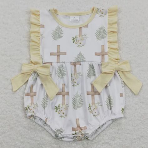 CLOSED - 💛🤍Girls Yellow Cross Bow Outfits🤍💛 1) Infant girls flutter sleeve romper- 💲2️⃣2️⃣ plus tax and shipping Sizes available- 0-3m, 3-6m, 6-12m, 12-18m, 2T 2) Girls flutter sleeve knee length dress - 💲2️⃣5️⃣ plus tax and shipping Sizes available: 3-6m, 6-12m, 12-18m, 2T, 3T, 4T, 5-6, 6-7, 7-8, 8-9, 10-12, 14-16 There is no shipping for local pickup. Local pickup will be at the Wal-Mart Marketplace on Shug in Auburn. -Cotton material, soft and stretchy To order: Comment your EM... Summer First Birthday Bubble Romper With Ruffles, First Birthday Cotton Romper In Cream, First Birthday Cotton Romper With Ruffles, Baby Girl Lace Romper, Silk Milk, Baby Fever Jumpsuits & Rompers, 2 Girl, Easter Girl, Easter Shopping