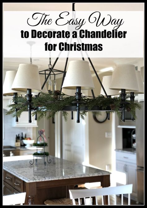 Easy Way to Decorate a Chandelier for Christmas - simple tips to decorate a chandelier for the holidays.  #tipsandtricks #christmasdecorations #diychristmasdecorations #diychristmas How To Decorate A Hanging Light Fixture For Christmas, Christmas Dining Light Decor, Christmas Decor Ideas For Light Fixtures, How To Decorate Hanging Lights For Christmas, Light Fixture Decorations For Christmas, Christmas Decor For Dining Room Light, Christmas Garland Light Fixture, Christmas Light Fixture Decor, Dining Room Chandelier Christmas Decor