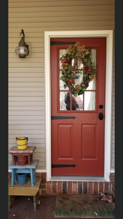 Rust Colour Front Door, Front Door Color For Tan House, Enter Door, 60s House, Terracotta Paint, Tan House, Orange Door, Door Paint, Front Door Paint Colors