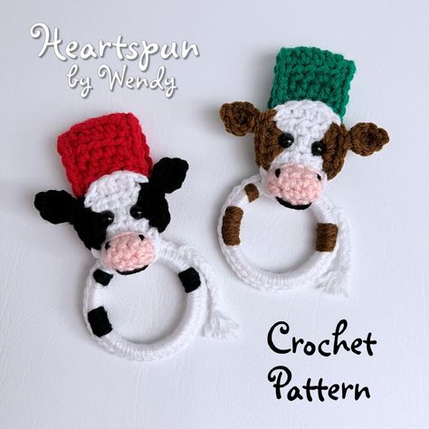 Crochet Towel Tops, Crochet Towel Holder, Crochet Dish Towels, Crochet Towel Holders, Crocheted Cow Pattern, Crochet Towel Topper, Crochet Kitchen Towels, Bath Towel Holder, Cow Kitchen