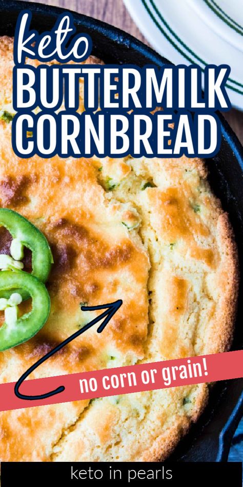 Keto southern-style buttermilk cornbread from Keto in Pearls is an EASY recipe. Make this low carb cornbread with almond flour. NO corn or grain! Crispy edges, a soft crumb, and the tang from buttermilk make this the BEST low carb buttermilk cornbread ever. This keto southern-style cornbread will go great alongside a bowl of chili this winter! #ketocornbread #healthycornbread #lowcarbcornbread #cornbreadrecipe #homemadecornbread #cornbread #easy #recipe #lowcarb #grainfree Cornbread With Almond Flour, Keto Cornbread Recipe, Low Carb Cornbread, Gluten Free Breads, Healthy Cornbread, Keto Cornbread, Bacon Cornbread, Southern Style Cornbread, Buttermilk Cornbread