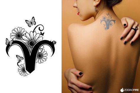 Aries Tattoo With Butterfly, Aries Shoulder Tattoo For Women, Ram Tattoo Aries Women, Aries Neck Tattoo, Aries Zodiac Tattoos For Women, Cute Aries Tattoo, Unique Aries Tattoo For Women, Aries Flower Tattoo, Aries Tatoos