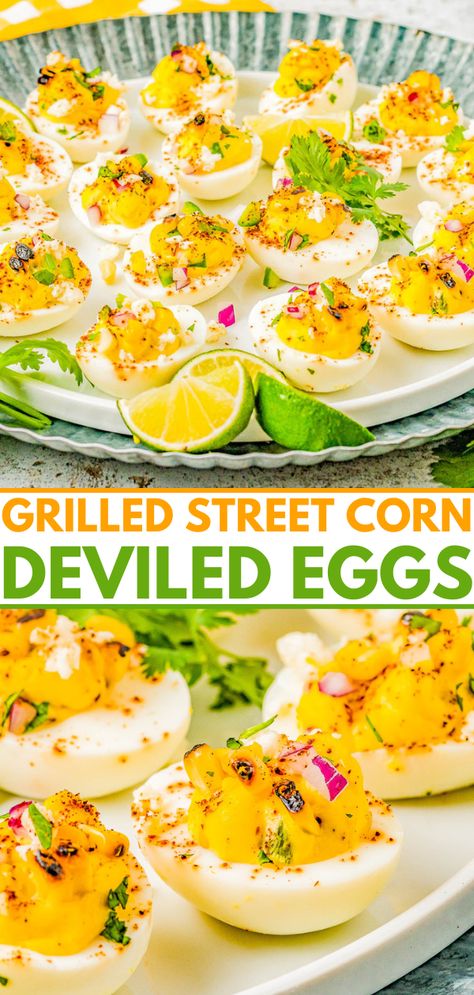 Mexican Street Corn Deviled Eggs - Deviled eggs get a south-of-the-border makeover by incorporating grilled Mexican street corn, jalapeno, red onion, cilantro, lime juice, queso fresco, and chili powder! This is an EASY appetizer or picnic recipe that everyone adores! Serve these at your next summer event including Memorial Day, Father's Day, Fourth of July, or make them for game day parties! Elote Deviled Eggs, Street Corn Deviled Eggs, Mexican Street Corn Deviled Eggs, Mexican Deviled Eggs, Angel Eggs, Corn Jalapeno, Grilled Mexican Street Corn, Mexican Street Corn Salad Recipe, July Appetizers