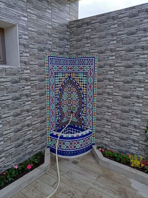 Arabian Nights Aesthetic, Custom Iron Gates, Limestone Fountain, Moroccan Houses, Courtyard Gardens Design, Brick Garden, Bathroom Inspiration Modern, Pool Fountain, Architectural House Plans