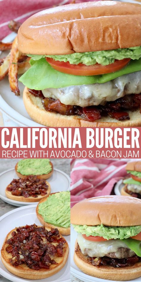 Sink your teeth into a flavorful California Burger made with a perfectly seasoned burger patty, white cheddar cheese, avocado and bacon jam! With 95% of avocados in the US grown in California, you truly can't have a California burger without plenty of creamy avocado. Pair it with melty cheese and salty bacon to create a burger recipe you'll come back to over and over again! California Burger, Oven Baked Bacon, Quick Pickled Onions, Burger Patty, Gluten Free Vegetarian Recipes, Bacon Jam, Summer Grilling Recipes, Burger Sauce, Melty Cheese