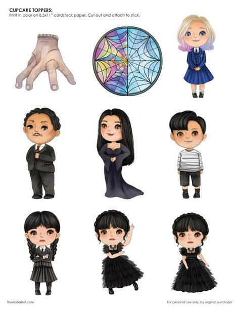 FREE Printable Wednesday Netflix show cupcake toppers, party tags, and Wednesday and Addams Family party favors and ideas. Need help planning a fun Wednesday party for your kids or a teenager birthday party or Halloween party? We have free printable Wednesday and Addams Family cupcake toppers & tags for your next Wednedsay party and celebration. Turn them into Wednesday stickers for a fun party favor or Wednesday stickers for your water bottles! Follow for more Addams Family party ideas. Wensday Printable, Enid And Wednesday Cupcakes, Wednesday Topper Printable, Enid Wednesday Sticker, Wednesday Addams Treat Bags, Wensday Adams Sticker, Wednesday Addams Cupcake Topper, Wednesday Birthday Cupcakes, Wednesday Party Printables