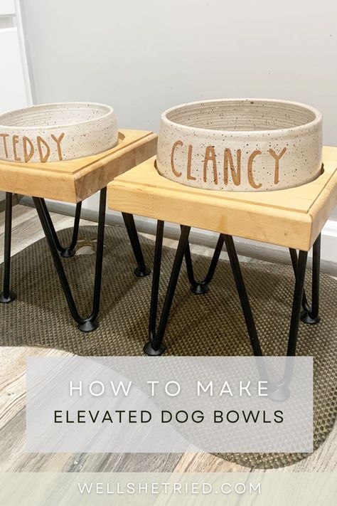 Elevated Dog Bowls Diy, Dog Bowl Stand Diy, Dog Bowls Diy, Diy Dog Bowl Stand, Diy Dog Bowl, Dog Food Bowl Stand, Dog Food Stands, Pet Station, Pet Food Bowl