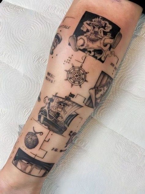 One Piece Patchwork Tattoo, One Piece Tattoo Sleeve, Anime Geometric Tattoo, One Piece Leg Tattoo, Anime Patchwork Tattoo, Anime Sleeve Tattoo, One Piece Tattoo, Pop Culture Tattoos, Mangas Tattoo