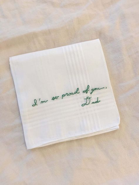 Handkerchief Embroidery For Boyfriend, Handkerchief Aesthetic, Embroidered Handwriting, Handwritten Jewelry, Best Handwriting, Inside Wedding, Bridal Handkerchief, Embroidered Handkerchief Wedding, Handkerchief Wedding