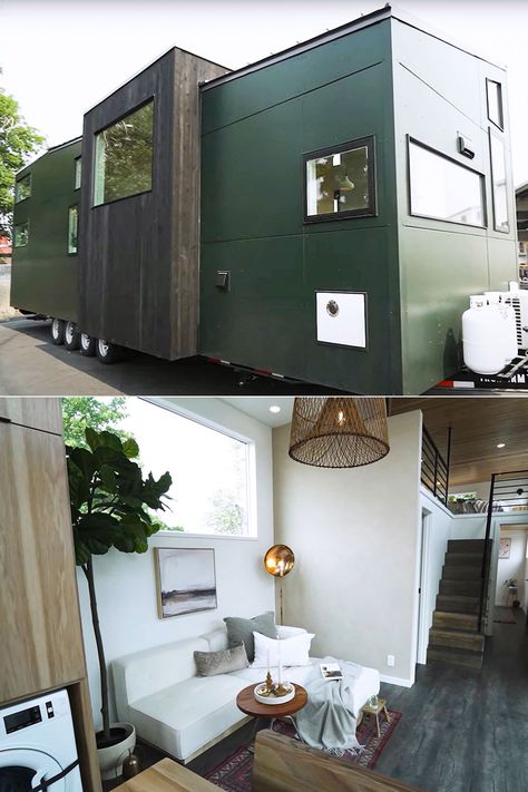 This Tiny House With a Wide Open Floor Plan and Natural Light Feels Massive Narrow Windows, Sap Green, Green Exterior, Urban Sophistication, Urban Park, Park Models, Big Windows, Tiny House Interior, Tiny House Living