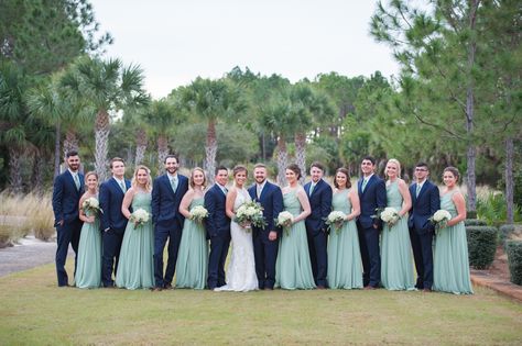 Sage Green and Navy Blue Wedding Party Navy Blue Sage And Teal Wedding, Mint Green And Blue Wedding, Blue Green Groomsmen, Mint Green And Black Wedding Theme, Sage And Navy Wedding Party, Dark Blue And Sage Green Wedding, Navy Blue Sage Green And Gold Wedding, Sage And Navy Blue Wedding, Green And Blue Wedding Decor