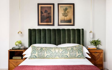 9 Sumptuous Bedrooms with Boldly Upholstered Headboards | The Study Green Headboard, Bedroom 2024, Velvet Headboard, Green Bedroom, Contemporary Apartment, Exclusive Furniture, Tufted Headboard, Bedroom Green, Mountain House