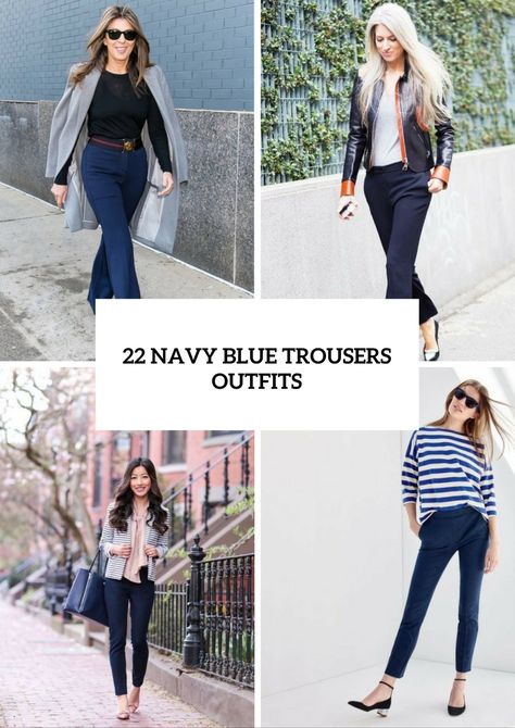 22 Elegant Navy Blue Trousers Outfits For Ladies - Styleoholic Navy Blue Pants Outfit Women Workwear, Navy Trousers Outfit Women Work, Navy Blue Dress Pants Outfit Women, Navy Blue Slacks Outfit Women, Navy Dress Pants Outfit Women, Navy Slacks Outfit Women, Blue Slacks Outfit Women, Navy Blue Pants Outfit Women, Navy Blue Trousers Outfit