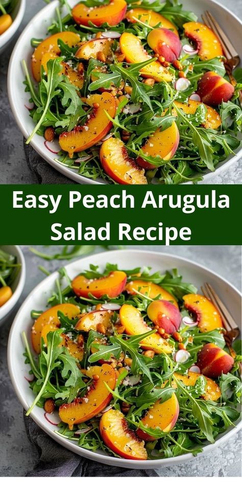 Need a refreshing summer salad? This easy peach arugula salad recipe is perfect for you. Combining sweet peaches with arugula, it’s a must-try for anyone into peach salad recipes and fresh peach recipes. Peach Arugula Salad, Peach Salad Recipes, Fresh Peach Recipes, Arugula Salad Recipes, Best Fruit Salad, Salad Inspiration, Gourmet Salad, Peach Recipes, Peach Salad