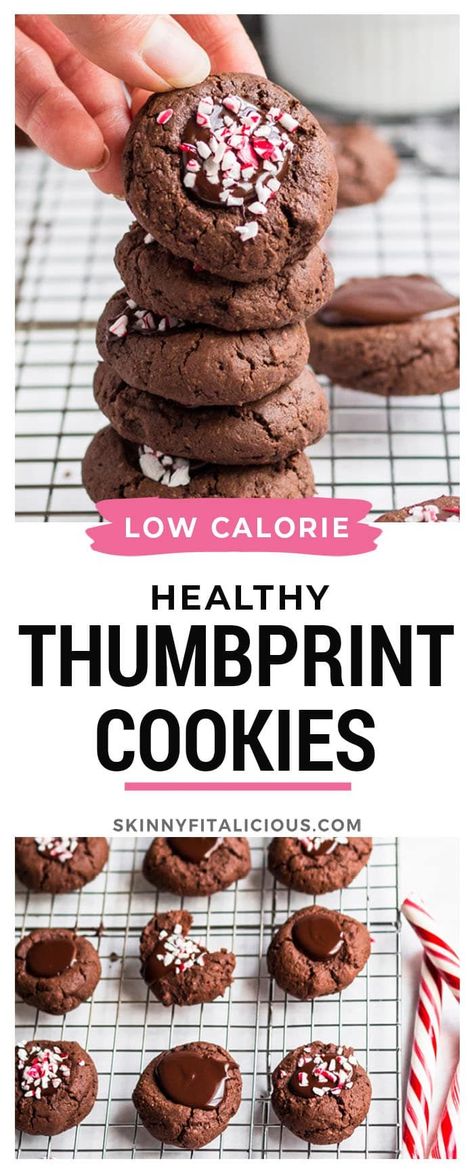 Healthy Chocolate Thumbprint Cookies made low calorie and gluten free! #healthy #chocolate #thumbprint #cookie #low #calorie #glutenfree #holiday #recipe #lowcalorie Low Calorie Christmas Recipes, Cookie Low Calorie, Low Calorie Christmas Cookies, Low Calorie Christmas, Healthy Christmas Baking, Gluten Free Thumbprint Cookies, Peppermint Cookie Recipe, Thumbprint Cookie, Gluten Free Recipes For Lunch