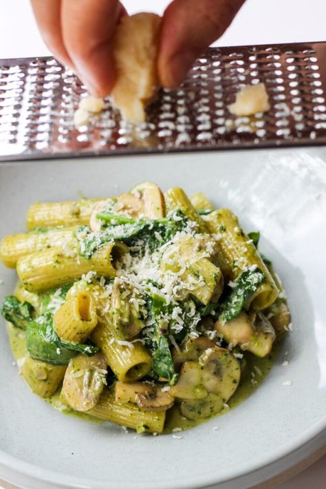 Rigatoni with Brown Mushrooms and Pesto Sauce | Between2Kitchens Pesto Rigatoni, Rigatoni Pasta Recipes, Basil Pesto Sauce, Creamy Pasta Sauce, Rigatoni Pasta, How To Make Pesto, Spinach Pasta, Spinach Stuffed Mushrooms, Pesto Sauce