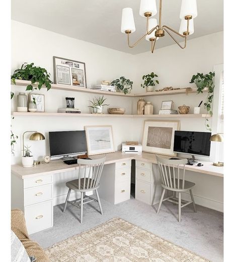 Office Interior Design Aesthetic, Two People Office, Aesthetic White Desk, Multi Purpose Home Office, Home Office For Two, Ikea Alex Desk, Shared Home Office, Custom Wall Design, Pallet Deck Diy