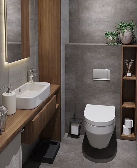 3 idées déco pour des toilettes en gris et bois | My Blog Deco Small Toilet Design, Makeover Kamar Mandi, Dekorere Bad, Toilette Design, Toilet Room Decor, Bilik Air, Small Toilet Room, Rest Room, تصميم داخلي فاخر