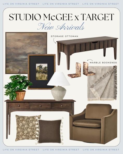 Favorite finds from the 2024 Studio McGee Target Fall Collection. Includes moody abstract art, dark wood furniture, ceramic lamp, cozy throw blanket, a velvet swivel armchair, brown floral throw pillows and more! Studio Mcgee Fall, Target Chair, Mcgee Target, Wicker Lamp Shade, Target Fall, Target Decor, Side Table Styling, Life On Virginia Street, Studio Mcgee Target