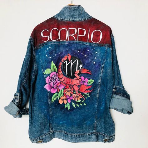 Scorpio Birthday, Custom Denim Jacket, Hand Painted Clothing, Painted Denim Jacket, Painted Jacket, Custom Denim, Blue Jean Jacket, Painted Denim, Jacket For Women