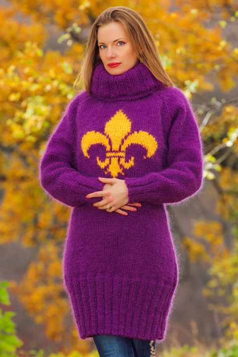 "ONE OF A KIND PURPLE DRESS BY SUPERTANYA READY TO SHIP Fits size М / L Body length, measured from the shoulder top to the bottom end (handing position): 35.4'' / 90 cm Chest width, measured at the back, between the underarms: 21.3 / 54 cm; Sleeve length, measured from the neckline to the end of the cuff: 27.6\" / 70 cm Turtleneck length: 18.1 inches / 46 cm *All measurements are taken with the item laid flat and not stretched. The top quality materials, craftsmanship and service, in addition to Mohair Dress, Fuzzy Mohair Sweater, Turtleneck Tunic, Wool Sweater Dress, Thick Sweater, Aran Sweater, Unique Sweaters, Soft Dress, Thick Sweaters