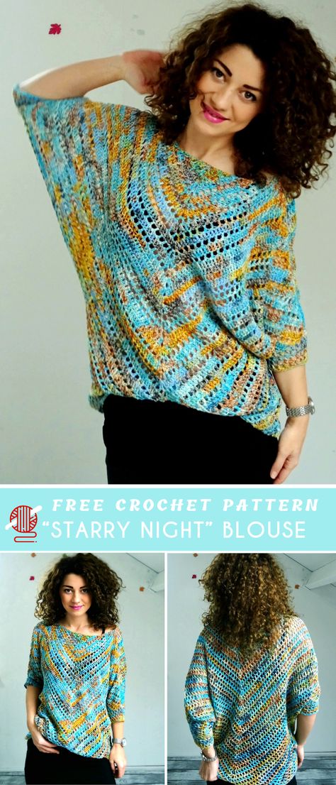 Starry Night Crochet Blouse  This stunning Starry Night Crochet Blouse with Pattern Free has a name of the yarn. The colours remind the famous painter Vincent van Gogh paintings art.  Very elegant and stylish, can be wear in the office and in the garden as well. Starry Night Crochet, Blouse Pattern Free, Crochet Sweater Pattern Women, Crochet Blouse Free Pattern, Gogh Paintings, Crochet Blouse Pattern, Crochet Sweater Free, Crochet Cardigan Pattern Free, Vincent Van Gogh Paintings