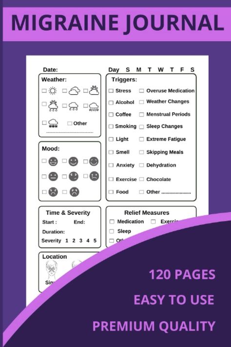 Migraine Journal, Migraine Diary, Headache Tracker, Pain Tracker, Headache Types, Severe Headache, Menstrual Period, Weather Change, Log Book