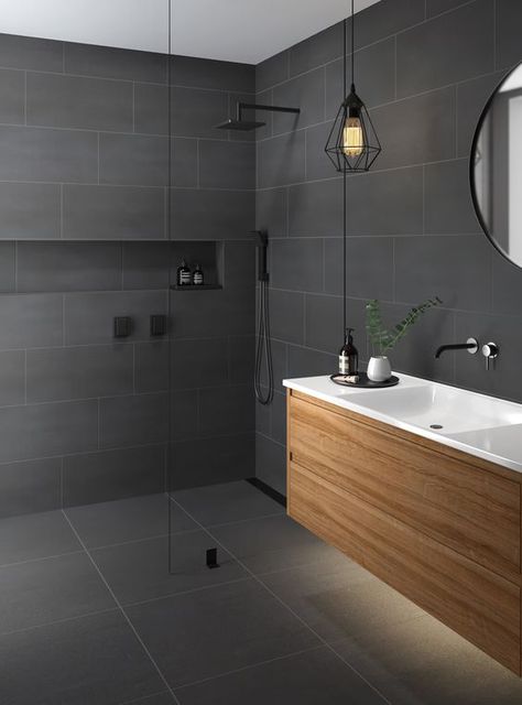 Dark Grey Tile Bathroom, Dark Grey Bathroom, Grey Bathroom Floor, Makeover Kamar Mandi, Grey Bathrooms Designs, Dark Gray Bathroom, Trend Aesthetic, Gray And White Bathroom, Grey Bathroom Tiles