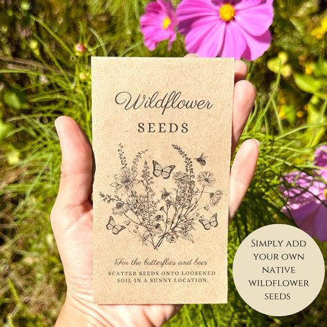 DIY Kraft brown brown seed packets printed with high quality ink "Wildflower Seeds" on the front.  Perfect for a DIY seed packet favor, add your own seeds  & your own custom ideas! Great for a neutral themed baby shower or wedding event or memorial favors.  NO seeds. Just add your own native wildflower seeds. The flap is gummed for easy sealing. 3 1/8 inch X 5 1/2 inch seed packets Flower Seed Packet Gift Ideas, Seed Packets Diy, Seed Party Favors, Seeds Packaging, Diy Seed Packets, Wildflower Seed Packets, Woodland Baby Shower Favors, Memorial Favors, Seed Packets Favors