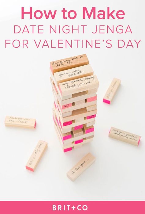 You can make a date night Jenga set for Valentine's Day with this tutorial. Date Night Jenga, Jenga Couples Game, Jenga For Couples, Couple Jenga, Couples Jenga, Jenga Diy, Diy Date Night, Diy Valentines Day Gifts For Him, Creative Date Night Ideas