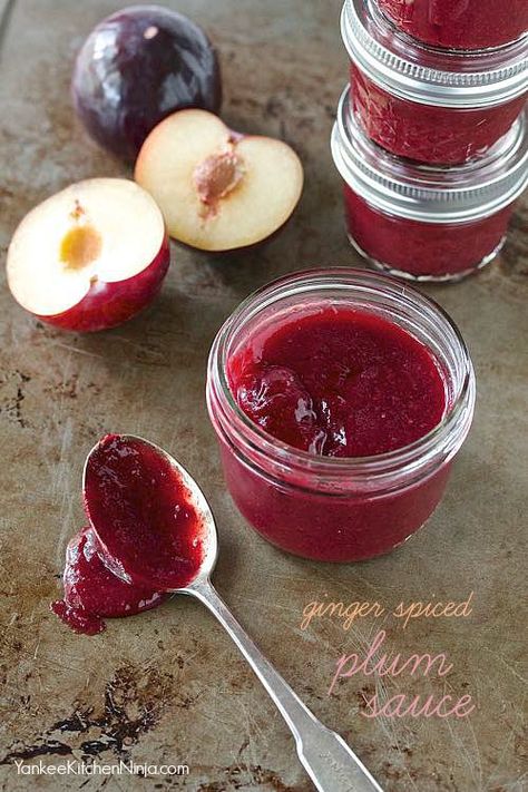 Ginger spiced plum sauce: for grilled meat or a jam vinaigrette | yankeekitchenninja.com Plum Recipes, Jar Of Jam, Homemade Jams, Plum Sauce, Plum Jam, Canning Ideas, Ginger Spice, Jam And Jelly, Jams And Jellies