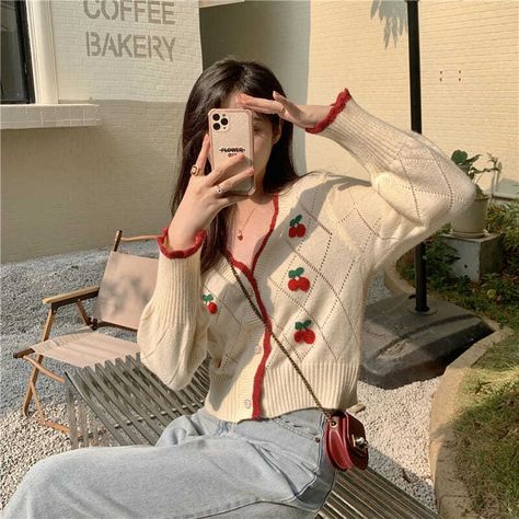 🍒💖 CHERRY CARDIGAN! Shop Our - Autumn 3D Cherry Cardigan!⁠ Shop at: geminibyguy.com/products/autumn-3d-cherry-cardigan (CODE⁠ GEMINIBABE10 for 10% OFF)⁠ #geminibyguy #cardigans #fall #cardigan #angel #fallsale Girlie Outfits Korean, Korean Cardigan, Cherry Cardigan Outfit, Maroon Cardigan Outfit Aesthetic, Cardigan Outfit Coquette, Kawaii Cardigan Outfit, Cardigan Outfit Aesthetic Korean, Cherry Cardigan, Trendy Chic