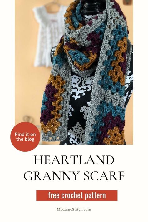 The traditional granny square meets autumn colors in this gorgeous scarf. The Heartland Granny Scarf evokes images of a crisp autumn day and is perfect for wrapping up against a brisk fall wind. Its extra length means you have plenty of scarf to protect you when the temperatures drop. It’s an easy, fun crochet project for every granny square lover out there. Granny Square Scarves, Crochet Granny Square Scarf, Granny Scarf, Simple Granny Square, Crochet Scarf Pattern Free Easy, Crochet Shrug Pattern Free, Traditional Granny Square, Granny Square Scarf, Crochet Scarf Easy