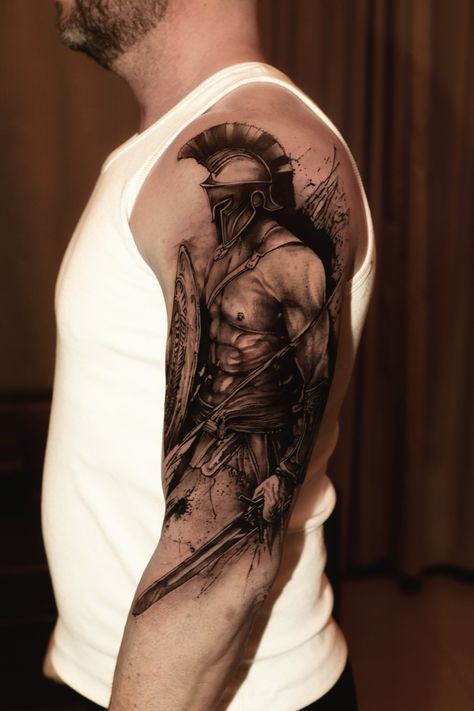 Mens Spartan Tattoo, Lion And Spartan Tattoo, Staff Of Hermes Tattoo, Gladiator Tattoo Design For Men, Spartan Shield Tattoo, Spartan Sleeve Tattoo, Ares Tattoo Design, 300 Spartans Tattoo Ideas, Roman Soldier Tattoo