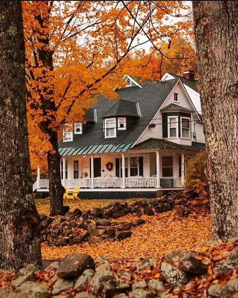 New Hampshire 📸-Mary Graves Cozy Fall House Exterior, New England Fall Aesthetic, Connecticut Autumn, Connecticut Aesthetic, Fall Houses, Fall Houses Exterior, New England House, Rainy Fall, Fall House