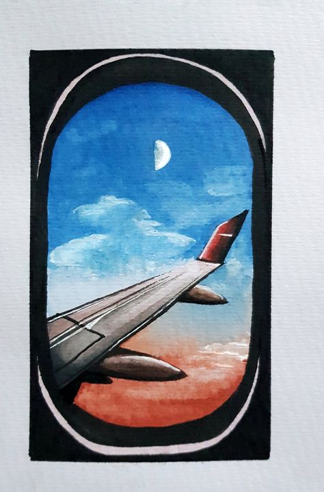 Plane Window View, Plane Drawing, Moon Sunset, Plane Window, Window Drawing, Scenery Paintings, Board Art, Moon Painting, Easy Art