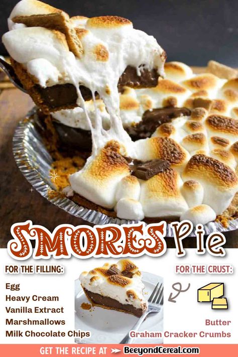 This simple smores pie recipe needs only a few basic ingredients and a few quick steps to complete. With a graham cracker crust and marshmallows around a milk chocolate filling you can enjoy all of the delicious goodness of smores without ever going outside. Perfect for when you can't light a campfire. With a quick broil, you can easily get that toasted or burnt marshmallow top and gooey center that we all crave. Yum!!! S’more Pie Recipe, S’more Pie, S’mores Pie, Smore Pie, Smores Pie Recipe, Smores Snacks, Burnt Marshmallow, Baked Smores, Easy Smores